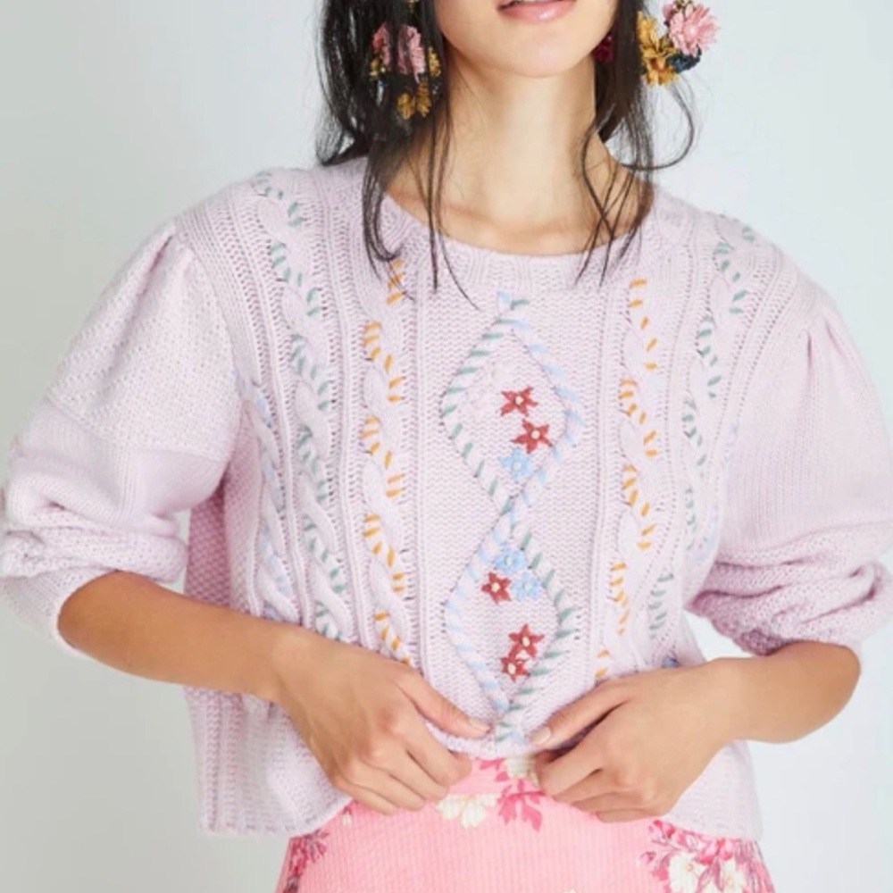 LoveShackFancy Leni Cable Knit Crewneck Sweater